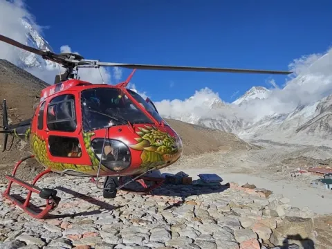 Gorakshep, the last settlement before Everest Base Camp, with a Helicopter
