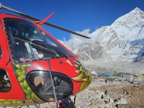 Gorakshep, the last settlement before Everest Base Camp, with a Helicopter