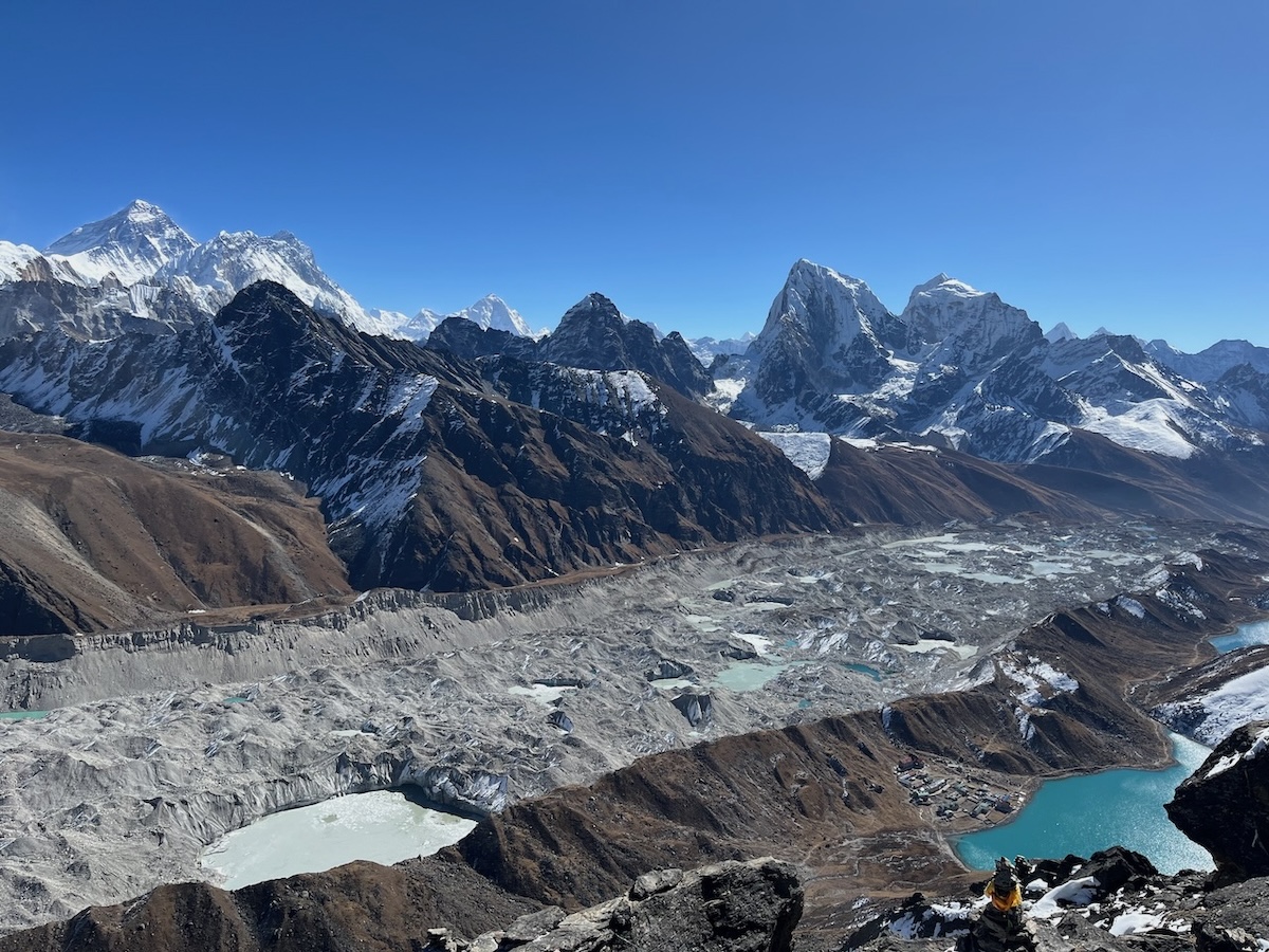 View fom Gokyo Ri, Mount Everest and huge Ngozumpa glacier