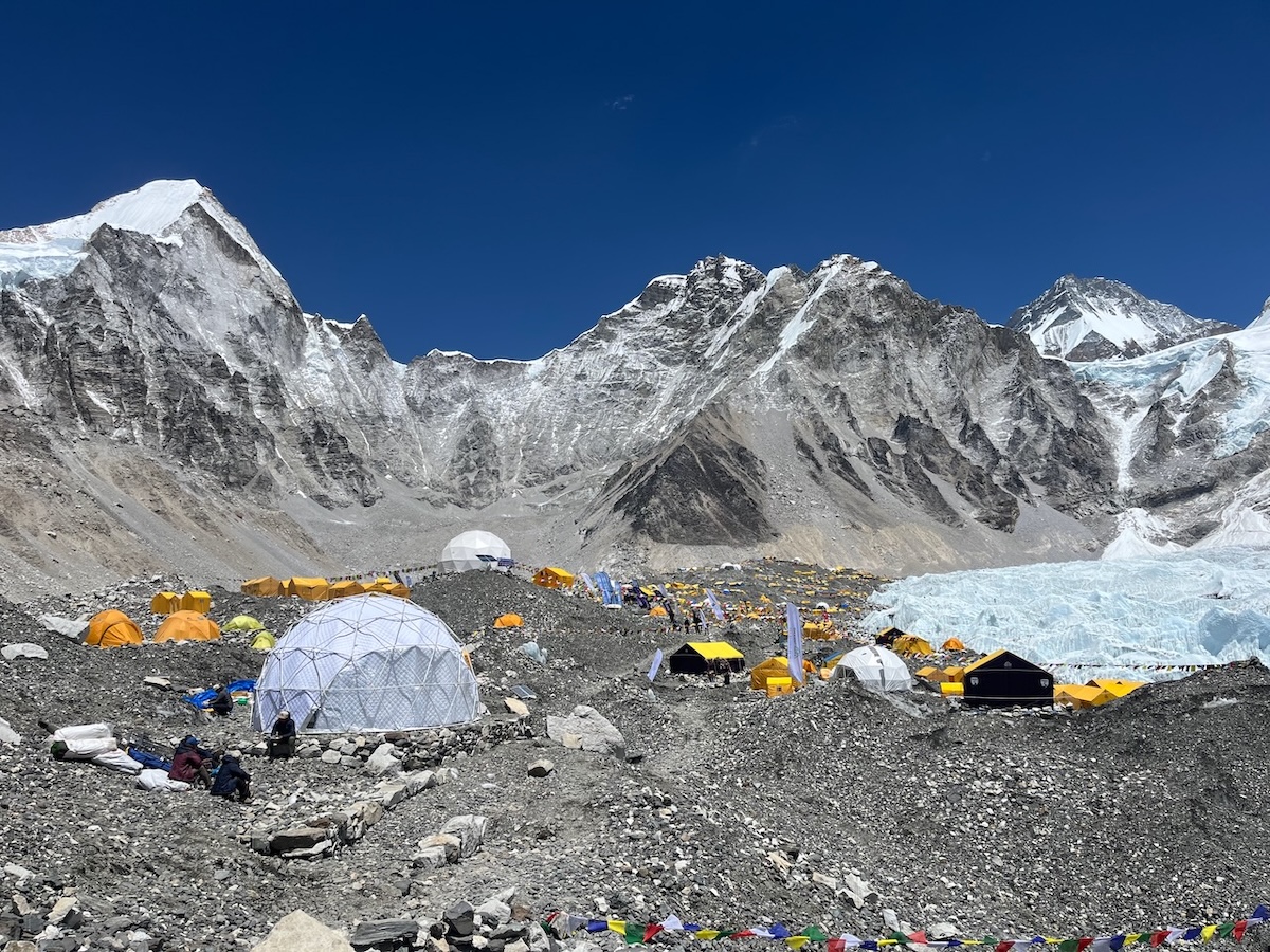 Everest Base Camp with expedition tents and Khumbu Icefall in Nepal