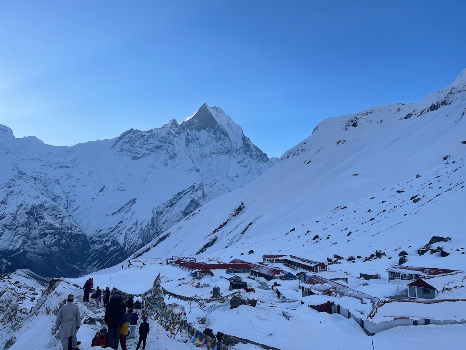 Snow covered Annapurna Base Camp with Mt.Fishtail and clear blue sky, Nepal