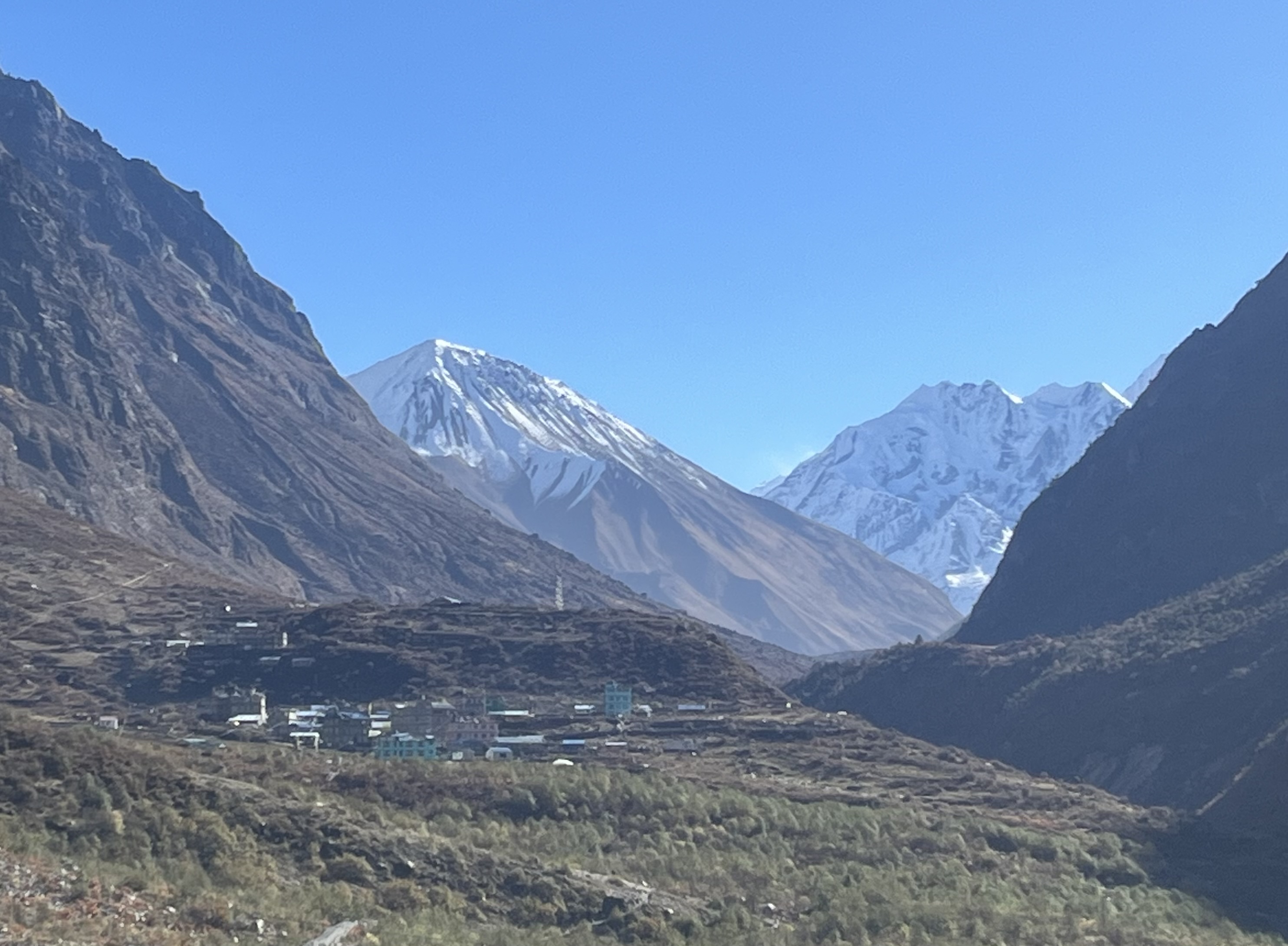 Scenic view of Langtang Village and mountains in Nepal