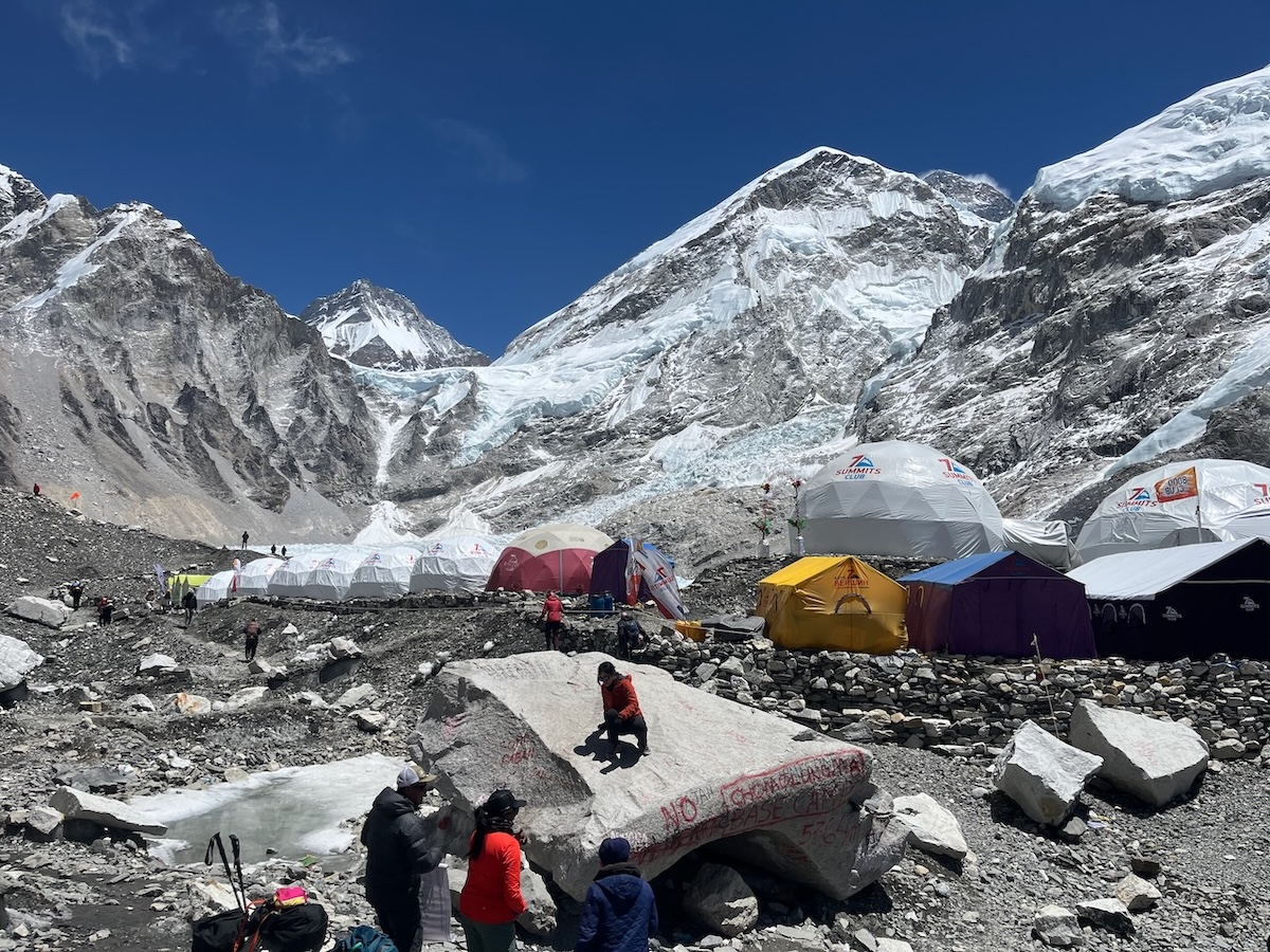 Everest base camp with expedition tents beneath Mount Everest in nepal